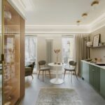 Interior design of dinning room interior with round table, personal accessories. Home decor Template